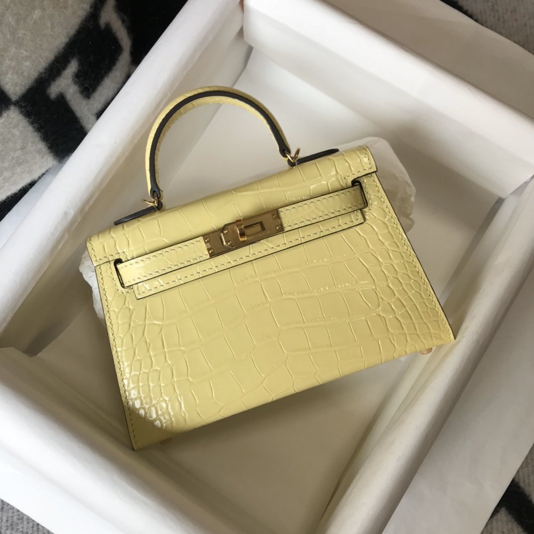 HM Mini Kelly 19 Embossed Patent Matte Yellow Bag With Gold-Toned Harware For Women, Handbags, Shoulder Bags 7.5in/19cm