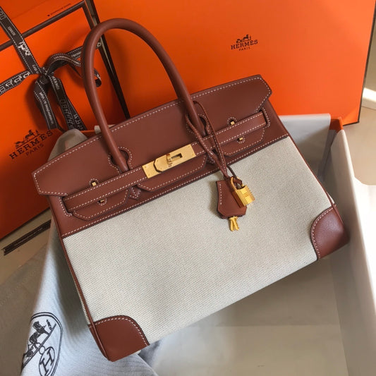 HM Birkin Bag Toile and Brown Barenia with Gold Hardware For Women, Handbags, Shoulder Bags 30cm/12in