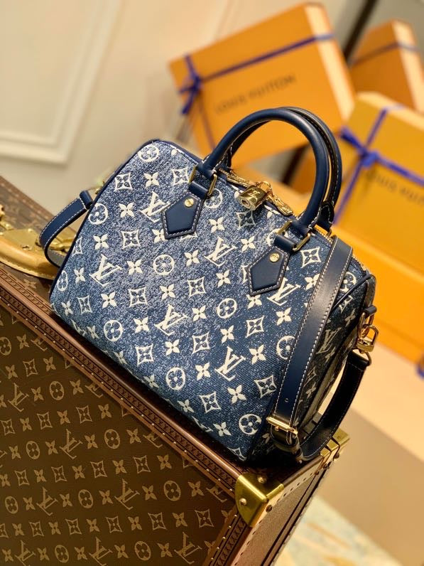 LV Speedy Bandouliere 25 Monogram Denim Jacquard Navy Blue For Women, WoHandbags 9.8in/25cm LV M59609