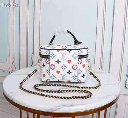 LV Vanity PM Bag Game On Monogram Canvas White By Nicolas Ghesquiere For Women, Women’s Handbags, Shoulder And Crossbody 7.5in/19cm LV M57458