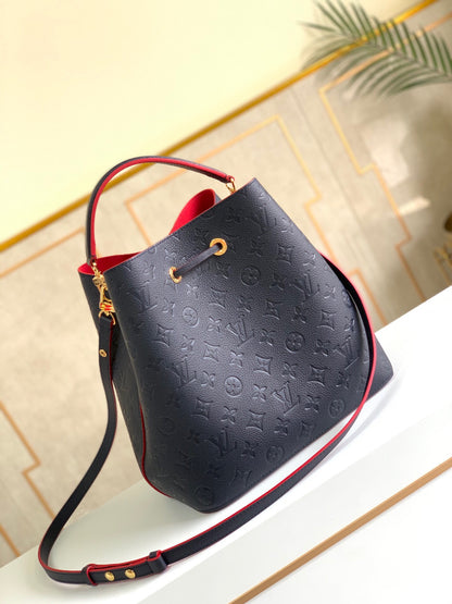 LV NeoNoe MM Bucket Bag Monogram Empreinte Navy Blue/Red For Women, Women’s Handbags, Shoulder And Crossbody Bags 10.2in/26cm LV M45306