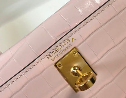 HM Mini Kelly 19 Embossed Patent Pink Matte Bag With Gold-Toned Harware For Women, Handbags, Shoulder Bags 7.5in/19cm