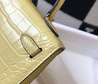 HM Mini Kelly 19 Embossed Patent Matte Yellow Bag With Gold-Toned Harware For Women, Handbags, Shoulder Bags 7.5in/19cm