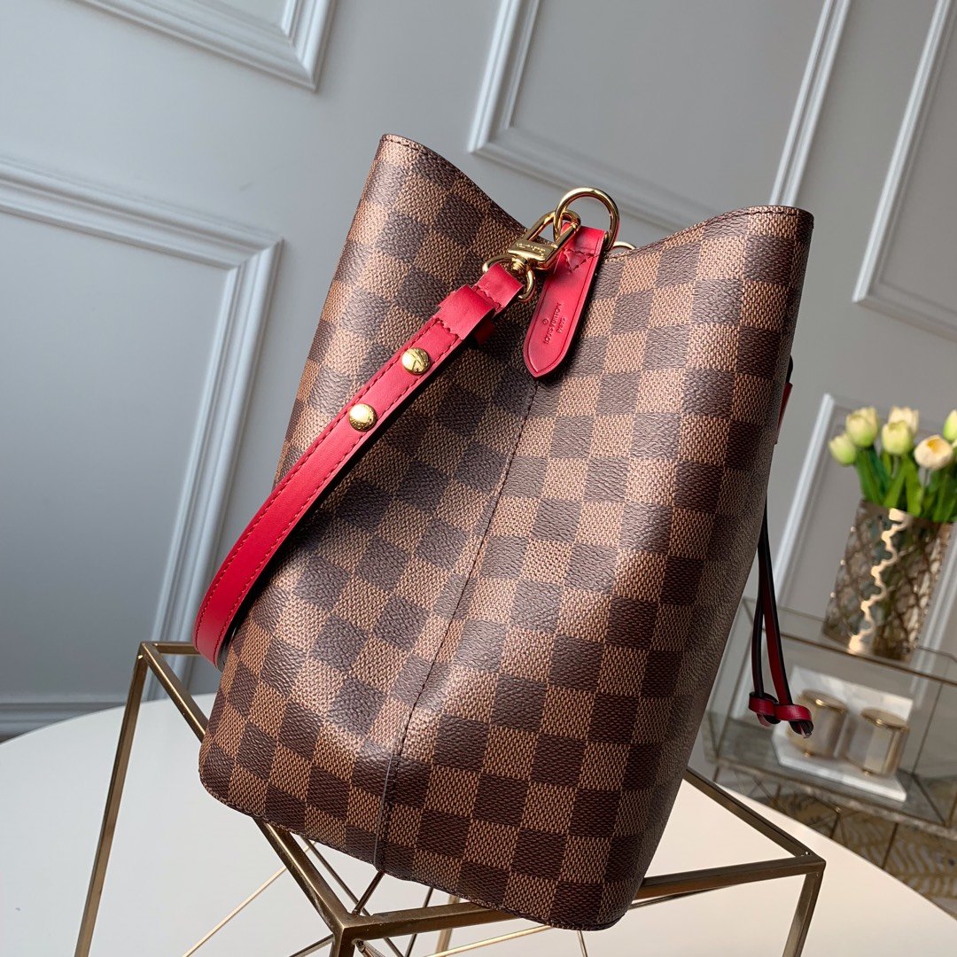 LV NeoNoe MM Bucket Bag Damier Ebene Canvas Cherry Berry For Women,  Shoulder And Crossbody Bags 10.2in/26cm LV N40214