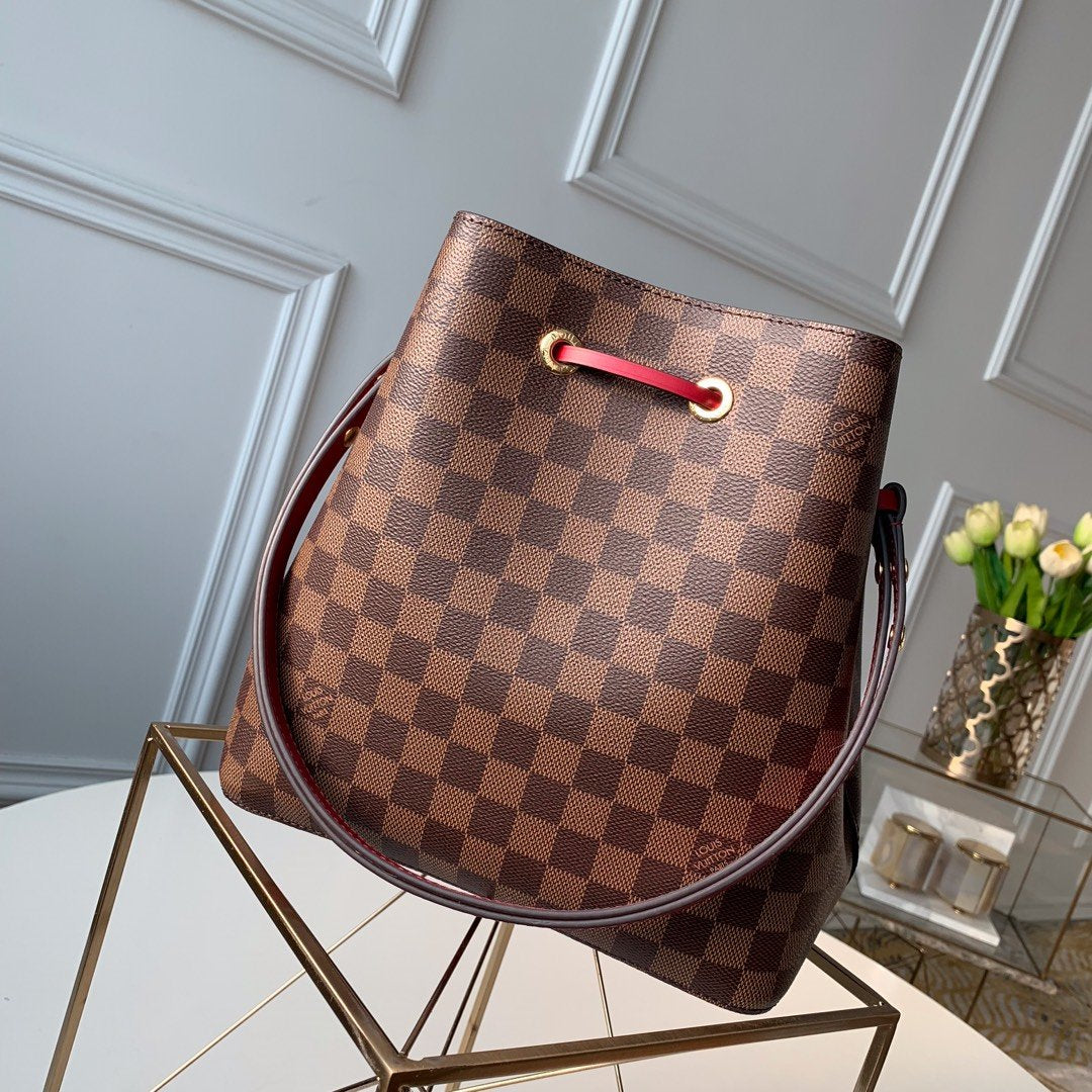 LV NeoNoe MM Bucket Bag Damier Ebene Canvas Cherry Berry For Women,  Shoulder And Crossbody Bags 10.2in/26cm LV N40214