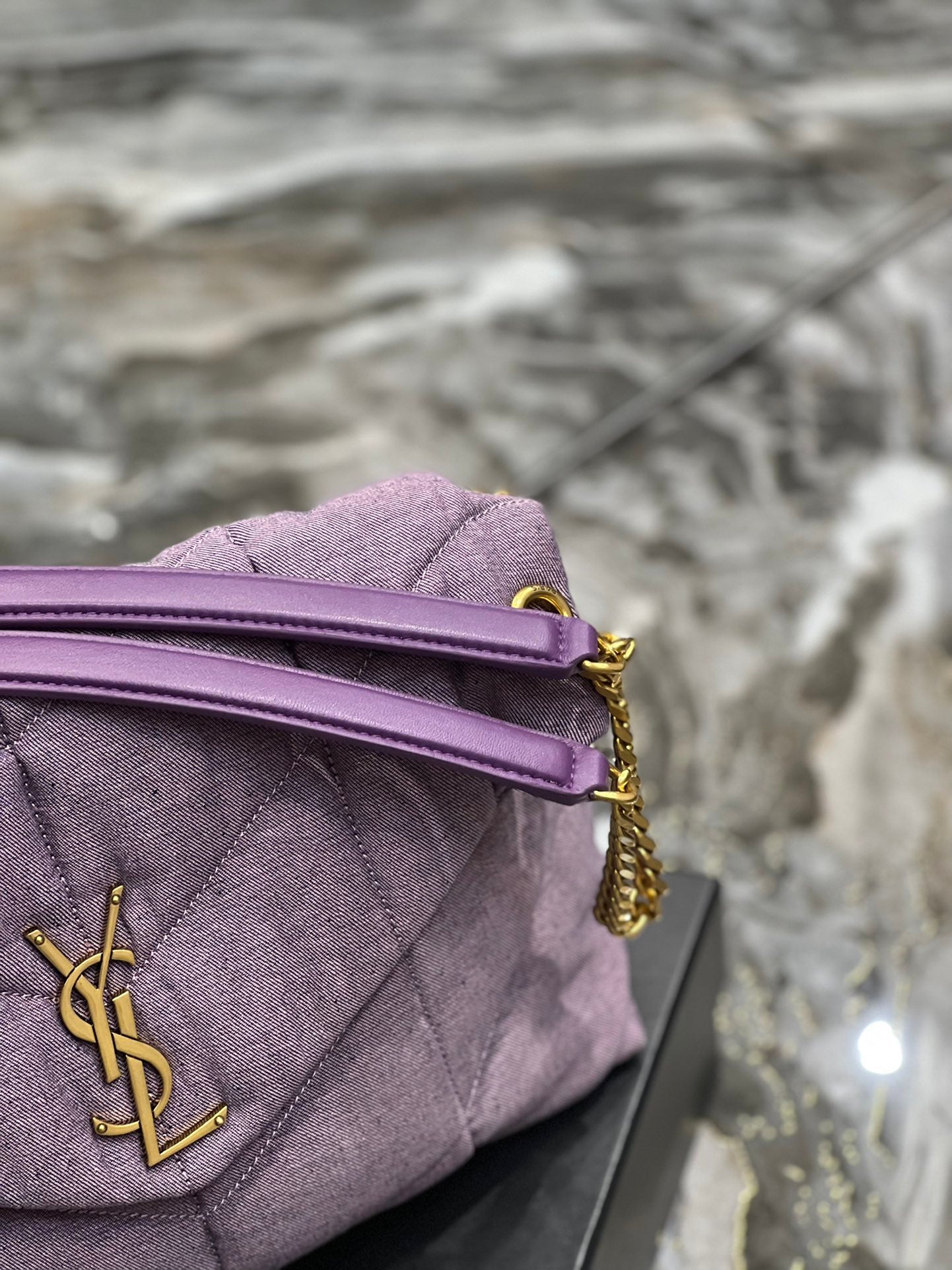 YSSL Puffer Medium Chain Bag Blesched Lilac In Denim For Women 13.8in/35cm YSL