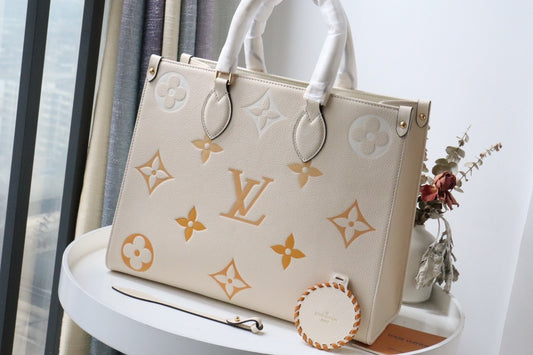 LV OnTheGo MM Tote Bag Monogram Empreinte Cream For The Pool Collection, WoHandbags 13.8in/35cm LV M45717