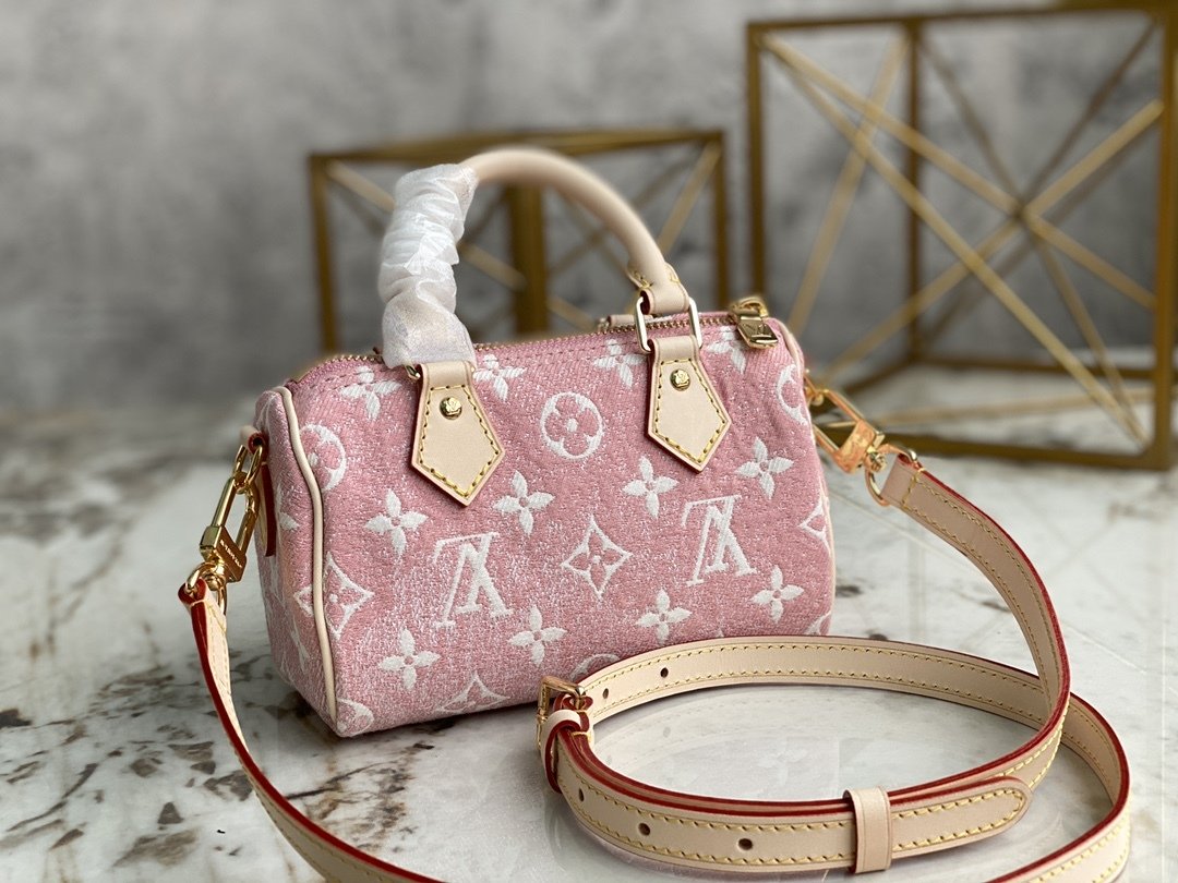 LV Nano Speedy Monogram Jacquard Denim Pink For Women, WoBags 6.3in/16cm LV M81213