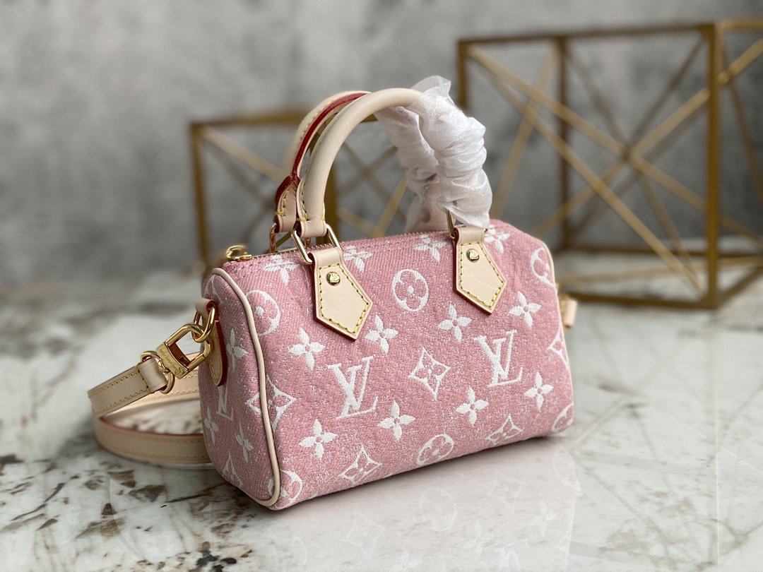 LV Nano Speedy Monogram Jacquard Denim Pink For Women, WoBags 6.3in/16cm LV M81213