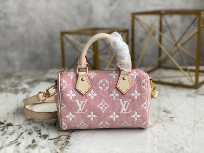 LV Nano Speedy Monogram Jacquard Denim Pink For Women, WoBags 6.3in/16cm LV M81213