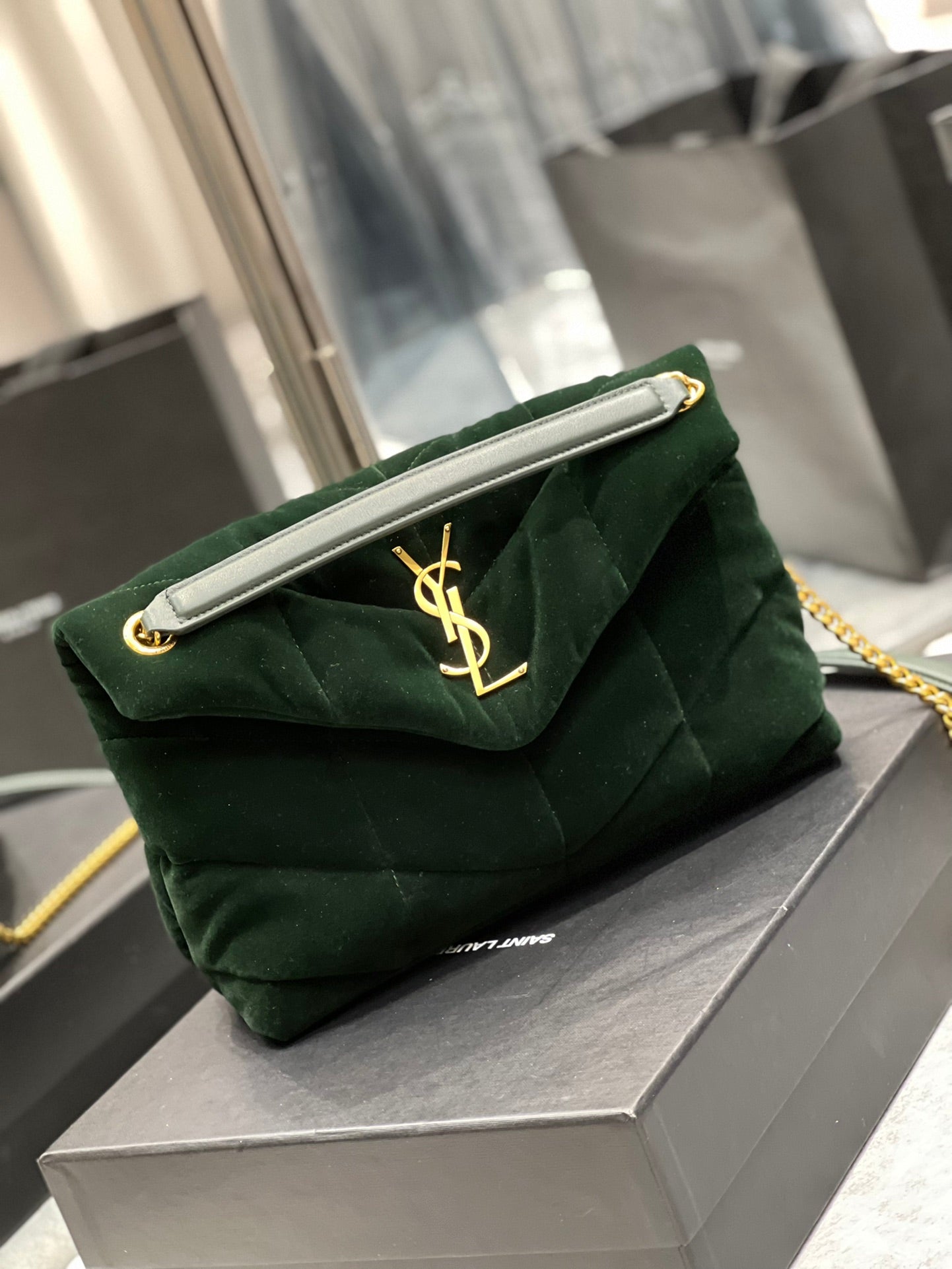 YSSL Puffer Small Chain Bag Dark Green For Women, Women&#8217;s Bags 11.4in/29cm YSL‎