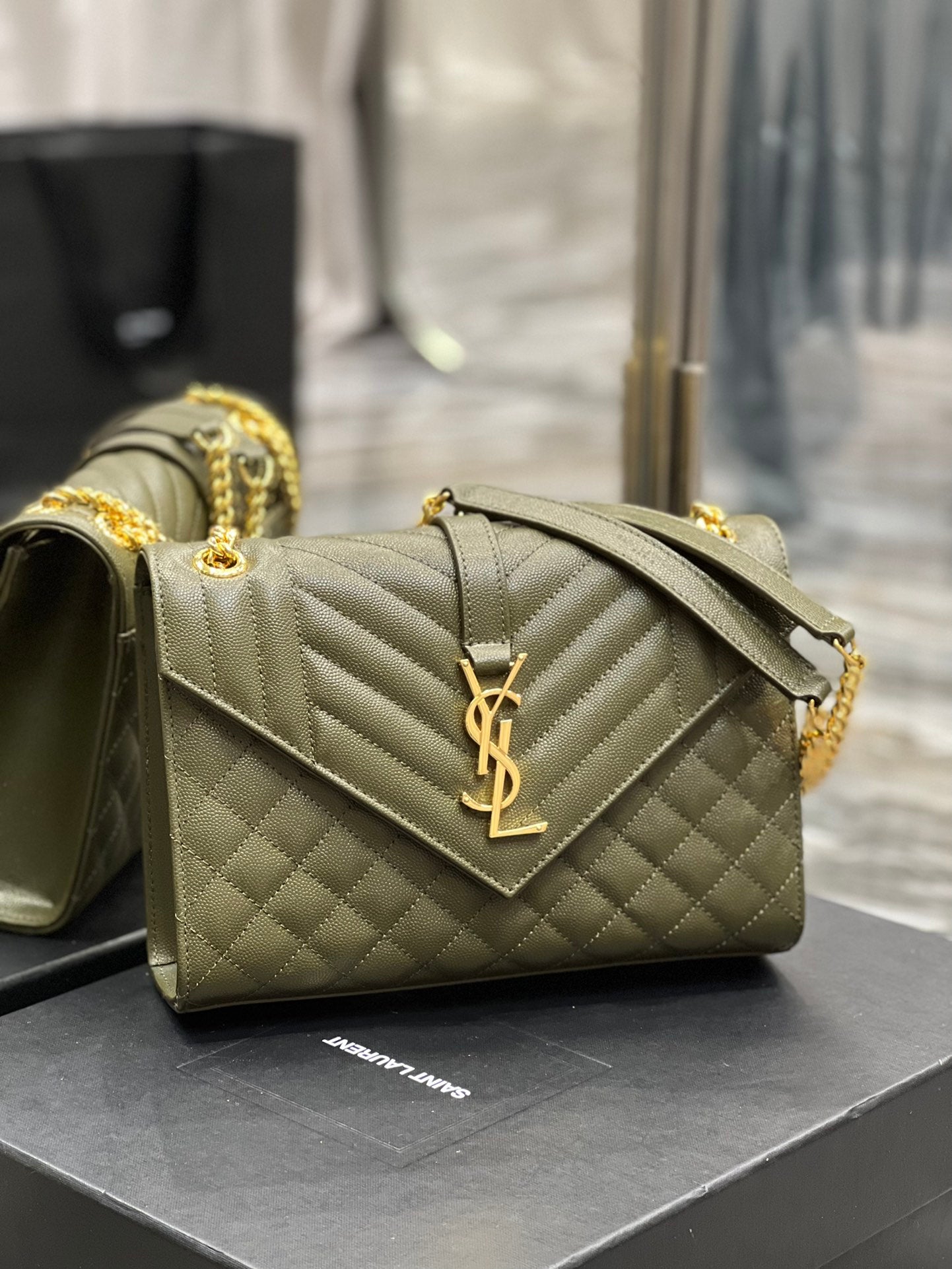 YSSL Envelope Medium Chain Bag Dark Green For Women, Women&#8217;s Bags 9.4in/24cm YSL