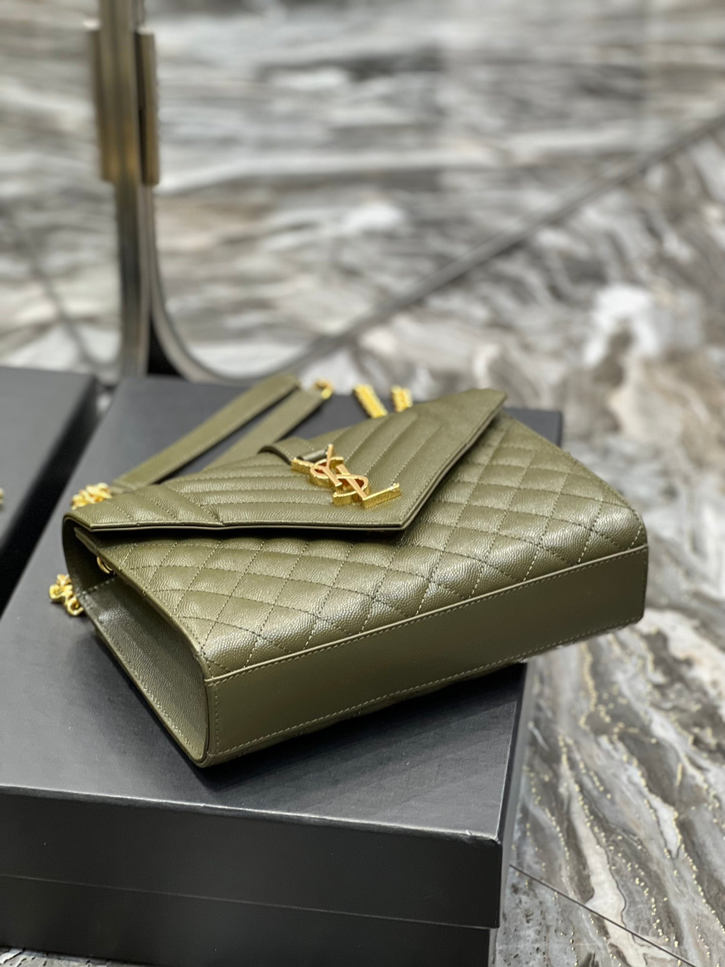 YSSL Envelope Medium Chain Bag Dark Green For Women, Women&#8217;s Bags 9.4in/24cm YSL