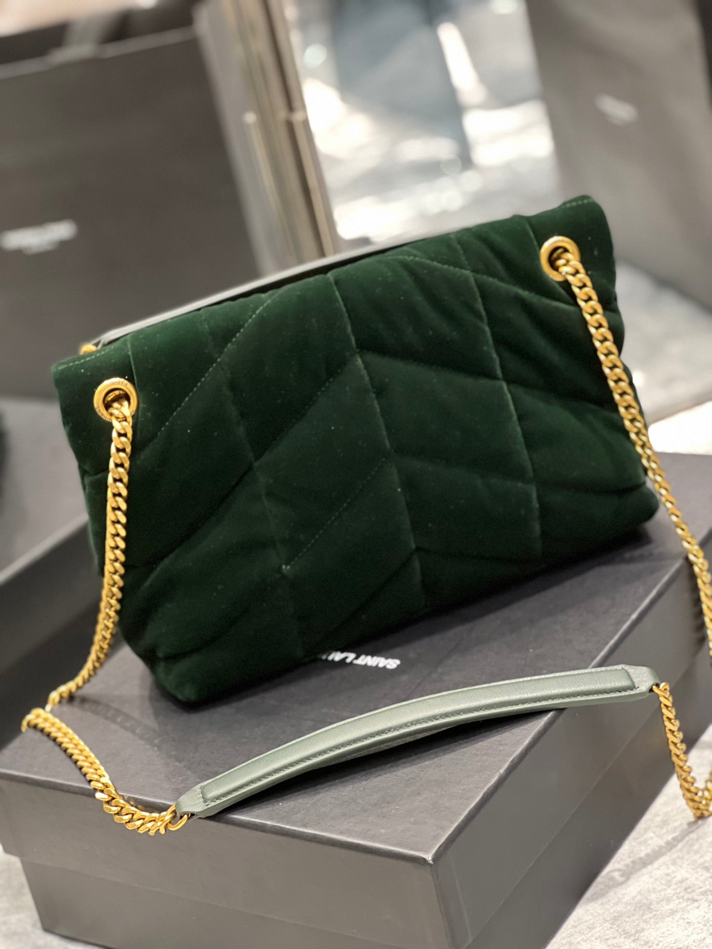 YSSL Puffer Small Chain Bag Dark Green For Women, Women&#8217;s Bags 11.4in/29cm YSL‎